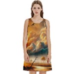 Nature Storm Painting Round Neck Sleeve Casual Dress With Pockets