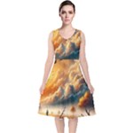 Nature Storm Painting V-Neck Midi Sleeveless Dress 