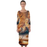 Nature Storm Painting Quarter Sleeve Midi Bodycon Dress