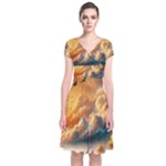 Nature Storm Painting Short Sleeve Front Wrap Dress