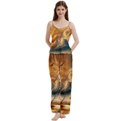 Nature Storm Painting Spaghetti Top Long Pants Satin Pajamas Set from ArtsNow.com