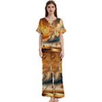 Nature Storm Painting Short Sleeve Long Pants Satin Pajamas Set