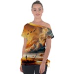 Nature Storm Painting Off Shoulder Tie-Up T-Shirt