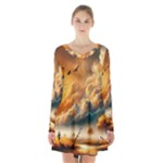 Nature Storm Painting Long Sleeve Velvet V-neck Dress