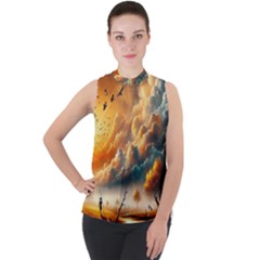 Mock Neck Chiffon Sleeveless Top 