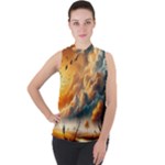 Nature Storm Painting Mock Neck Chiffon Sleeveless Top