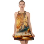 Nature Storm Painting Halter Tie Back Chiffon Dress