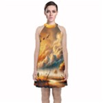 Nature Storm Painting Velvet Halter Neckline Dress 