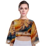 Nature Storm Painting Tie Back Butterfly Sleeve Chiffon Top