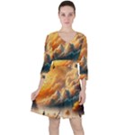 Nature Storm Painting Quarter Sleeve Ruffle Waist Dress