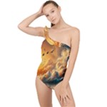 Nature Storm Painting Frilly One Shoulder Swimsuit