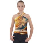 Nature Storm Painting Cross Neck Velour Top
