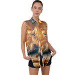 Nature Storm Painting Sleeveless Chiffon Button Shirt