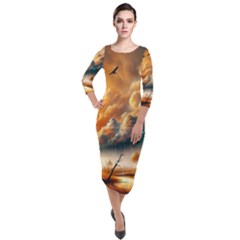 Quarter Sleeve Midi Velour Bodycon Dress 