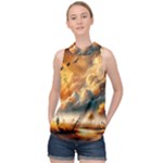 Nature Storm Painting High Neck Satin Top