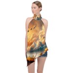 Nature Storm Painting Halter Asymmetric Satin Top