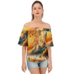 Nature Storm Painting Off Shoulder Short Sleeve Top