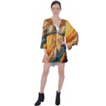 Nature Storm Painting V-Neck Flare Sleeve Mini Dress