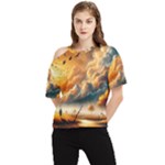 Nature Storm Painting One Shoulder Cut Out T-Shirt