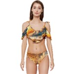 Nature Storm Painting Ruffle Edge Tie Up Bikini Set	