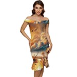 Nature Storm Painting Off Shoulder Ruffle Split Hem Bodycon Dress