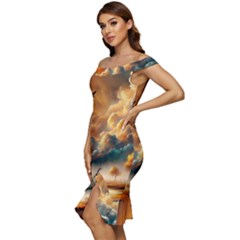 Off Shoulder Ruffle Split Hem Bodycon Dress 