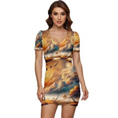 Low Cut Cap Sleeve Mini Dress 