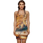 Nature Storm Painting Sleeveless Wide Square Neckline Ruched Bodycon Dress
