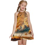 Nature Storm Painting Kids  Halter Collar Waist Tie Chiffon Dress
