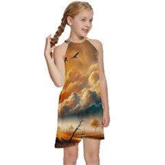 Kids  Halter Collar Waist Tie Chiffon Dress 