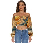 Nature Storm Painting Long Sleeve Crinkled Weave Crop Top