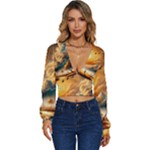 Nature Storm Painting Long Sleeve Deep-V Velour Top