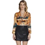 Nature Storm Painting Long Sleeve Tie Back Satin Wrap Top