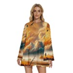 Nature Storm Painting Round Neck Long Sleeve Bohemian Style Chiffon Mini Dress