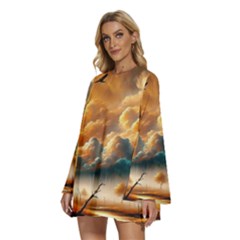 Round Neck Long Sleeve Bohemian Style Chiffon Mini Dress 