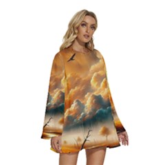 Round Neck Long Sleeve Bohemian Style Chiffon Mini Dress 