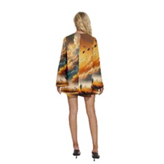 Round Neck Long Sleeve Bohemian Style Chiffon Mini Dress 