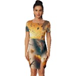Nature Storm Painting Fitted Knot Split End Bodycon Dress
