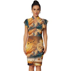 Vintage Frill Sleeve V-Neck Bodycon Dress 