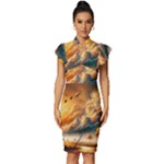 Nature Storm Painting Vintage Frill Sleeve V-Neck Bodycon Dress