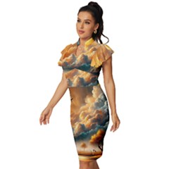 Vintage Frill Sleeve V-Neck Bodycon Dress 