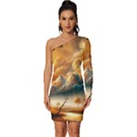 Nature Storm Painting Long Sleeve One Shoulder Mini Dress