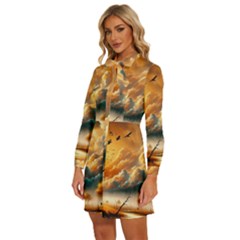 Women s Long Sleeve Bow Deco Button Up Dress 