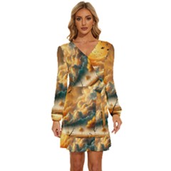 Long Sleeve Waist Tie Ruffle Velvet Dress 