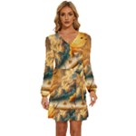Nature Storm Painting Long Sleeve Waist Tie Ruffle Velvet Dress