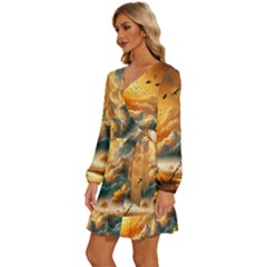 Long Sleeve Waist Tie Ruffle Velvet Dress 