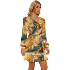 Long Sleeve Waist Tie Ruffle Velvet Dress 