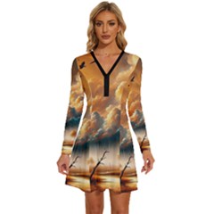 Long Sleeve Deep V Mini Dress  