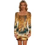 Nature Storm Painting Long Sleeve Square Neck Bodycon Velvet Dress