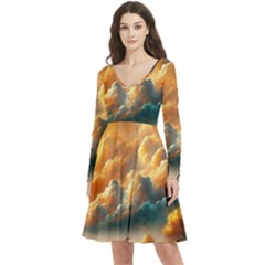 Long Sleeve V-neck skater dress with Pockets 